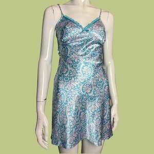 Vtg Lingerie y2k  Blue Paisley Satin Chemise Slip Dress